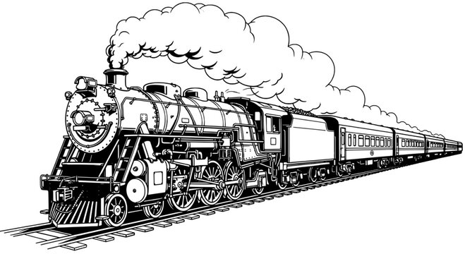 Train steam locomotive with vintage design and passenger cars on tracks featuring rail, transportation, travel with retro and classic elements for