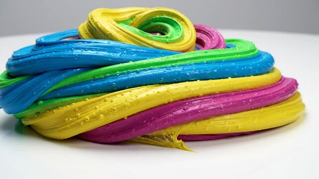 Colorful thick textured slime toy art in rainbow colors with a close up perspective