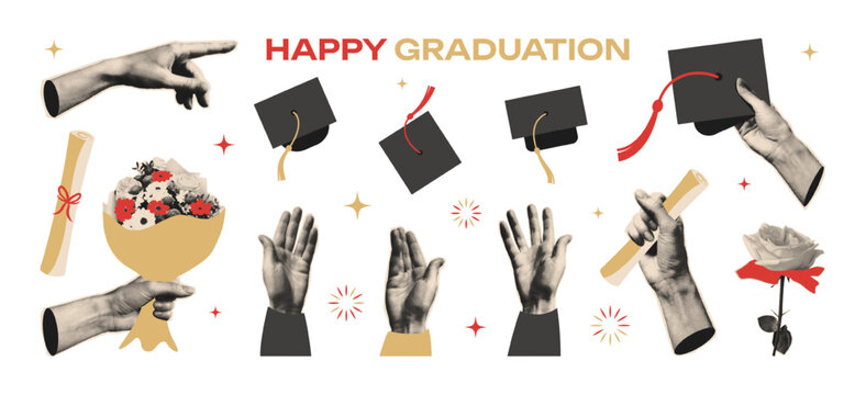 Happy Graduation halftone collage elements set. Trendy pop art hands holding diploma, flowers, throwing up caps. Paper cutout sticker for graduation Party, celebrating in college, high school. Vector.