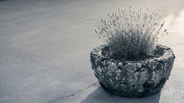 Weathered stone planter with lavender on concrete