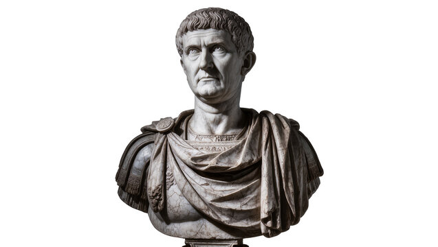 Marble bust of Roman emperor Trajan wearing armor and toga, isolated on transparent background