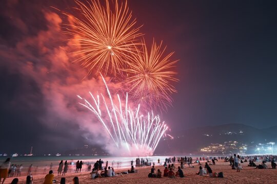 Multiple fireworks launching and exploding above beach crowd