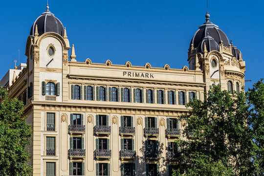 Barcelona, Spain - July 17, 2021. Logo and facade of Primark, Penneys in Ireland, is an Irish clothing and accessories chain that belongs to the Associated British Foods group