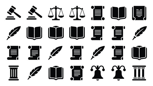 Black and white vector icons of legal symbols scales books scrolls feathers and columns for justice and law themes