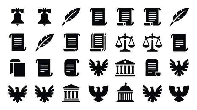 Clean vector illustration showcasing scrolls feathers eagles and justice scales in black and white design symbolizing law and government
