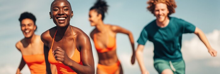 Obraz premium Young adults sprinting on sandy beach with bright sky