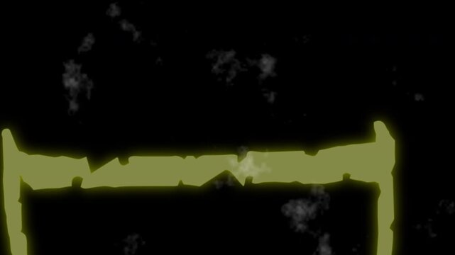 Fast moving yellow neon typography overlay with dust particles glitch texture and dark abstract background for VFX video editing