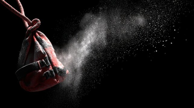 Dramatic powder dust burst from hand clap on black background, high speed capture of flying white particles, abstract motion texture, dark studio scene with strong contrast