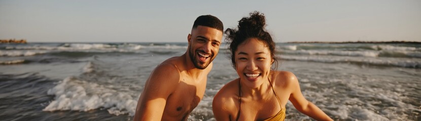 Obraz premium Couple running toward camera in shallow ocean water