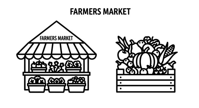 Farmers market icon set showcasing a wooden produce stall with a striped awning and a crate filled with fresh seasonal harvest of fruits and vegetables