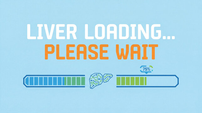 A cheerful graphic illustrates "Liver Loading... Please Wait" with a pixelated liver icon and two segmented progress bars indicating 75% completion.
