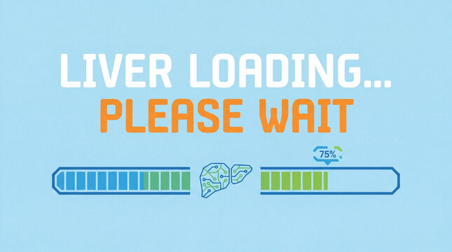 This vibrant graphic humorously depicts "Liver Loading... Please Wait" with a pixelated liver between two progress bars, showing 75% completion.
