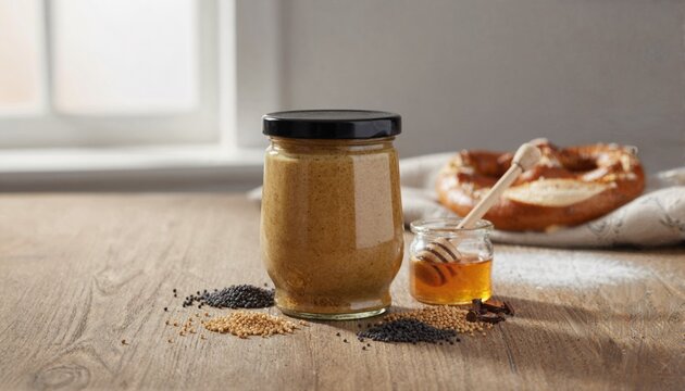 Sweet mustard jar with raw ingredients on rustic table