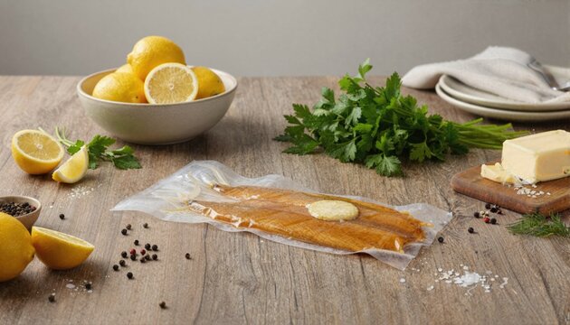 Traditional smoked kippers with fresh farm ingredients on rustic wood