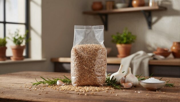 Unbranded pearled farro pouch on a rustic table with fresh herbs