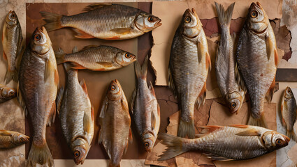 Obraz premium Abstract Artistic Arrangement of Dried Fish on Textured Earthy Background