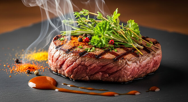 Juicy grilled beef steak served on a dark slate plate with fresh herbs and aromatic smoke