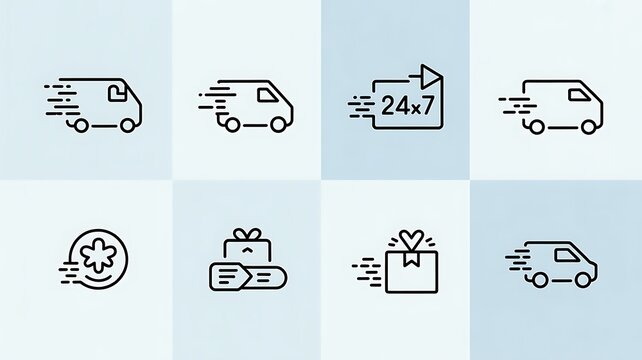 Fast delivery icons in line style. Free shipping, express delivery, 24x7 hours, fast van.Editable stroke. Vector illustration.