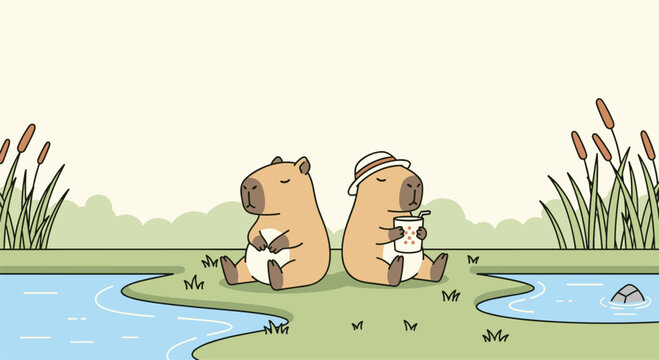 Cute capybara couple relaxing by river drinking together peaceful illustration