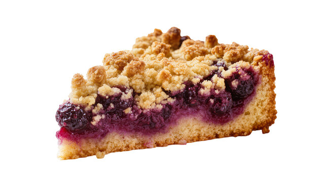 Slice of blueberry crumble cake with golden streusel topping, isolated on transparent background