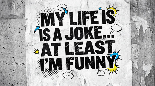 A humorous and self-deprecating text graphic displaying "My Life Is A Joke... At Least I'm Funny" with comic book style speech bubbles and stars on a textured, grungy concrete wall.