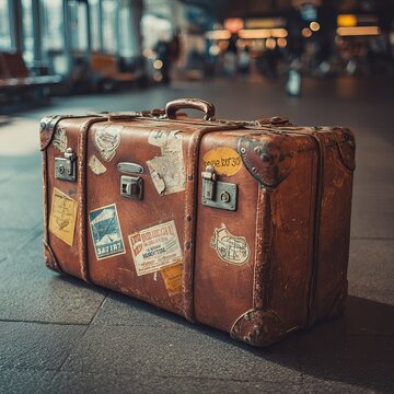 Vintage Brown Leather Travel Suitcase Covered With Colorful Stickers On Tiled Floor. AI generated image