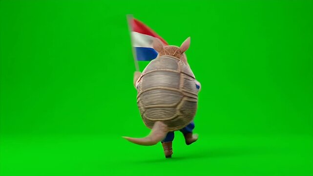 Armadillo Mascot with Paraguayan Flag on Green Screen - A cute cartoon armadillo mascot character is shown waving the flag of Paraguay with his right hand on a green screen.