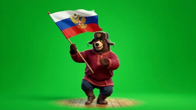 Russian Bear Cartoon Character Waving Flag - A cartoon bear wearing a traditional Russian hat and clothing waves the Russian flag on a green screen.