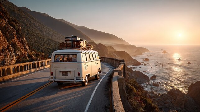 Vintage White Camper Van With Roof Luggage Driving On Scenic Coastal Mountain Road. AI generated image