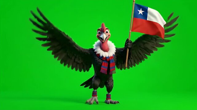 Cartoon Condor with Chilean Flag - A cartoon condor stands against a green screen background, waving the flag of Chile. The condor is wearing a scarf and ankle warmers with red and blue stripes.