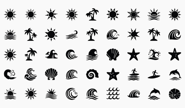 Black silhouettes depicting summer icons suns palm trees waves marine life and more