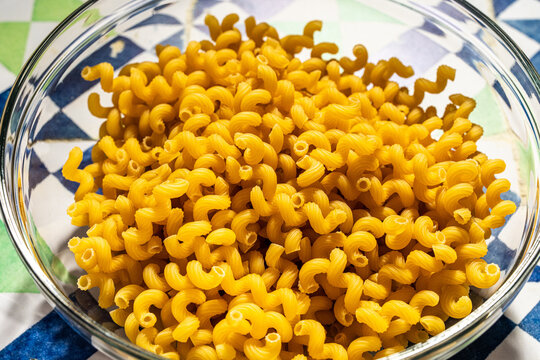 Pasta in a clear glass bowl 