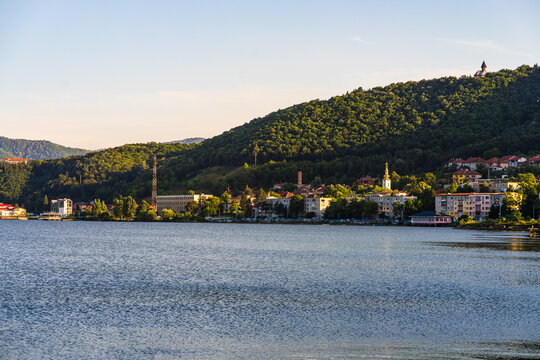 View of Danube river and Orsova city, waterfront view. Orsova, Romania, 2020