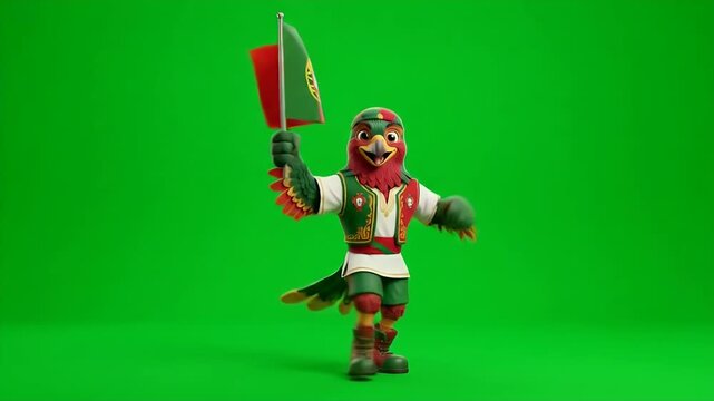Portugal Mascot with Flag on Green Screen - A 3D animated character depicting a bird mascot wearing traditional Portuguese clothing is waving the flag of Portugal against a green screen backdrop.