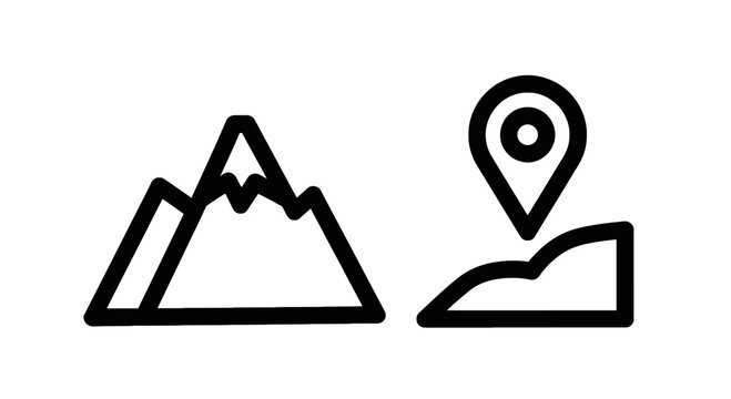Line icons featuring mountain peaks and a map location pin marker mountain location navigation adventure landscape climbing destination topography