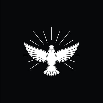 A white dove with outstretched wings and sun rays on a black background
