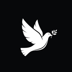 Fototapeta premium A white dove flies peacefully against a black background with an olive branch in its beak.