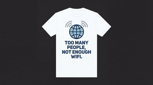 A clean white t-shirt design on a dark background succinctly summarizes the common digital age predicament of inadequate internet bandwidth for groups.