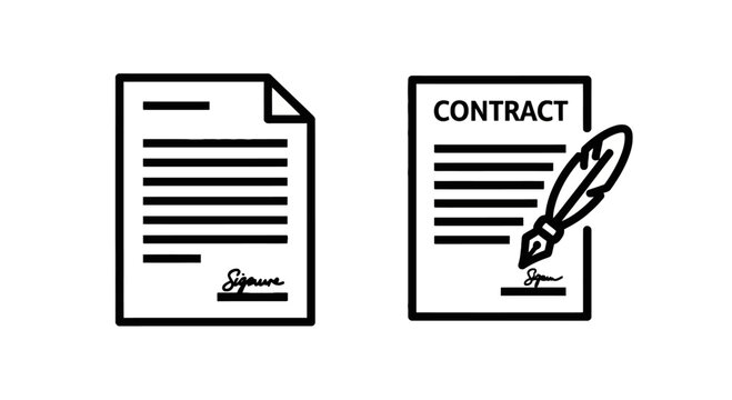 Business contract document icons with signature and quill pen contract document signature agreement business illustration corporate official