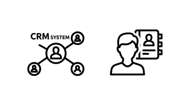 Crm system connection and user profile contact list icons with customer relationship management connection business illustration interface software