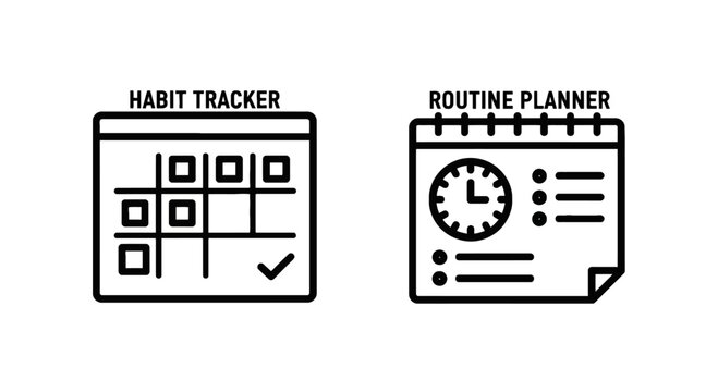 Habit tracker and routine planner icons for personal organization and time management with calendar management organization schedule planning checklist
