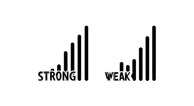 Strong and weak signal strength indicators communication bar icons showing level comparison strength communication internet wireless connection
