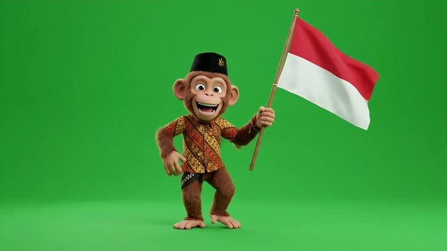 Animated Monkey Waving Indonesian Flag - A 3D animated monkey character smiles and waves while holding the Indonesian flag.
