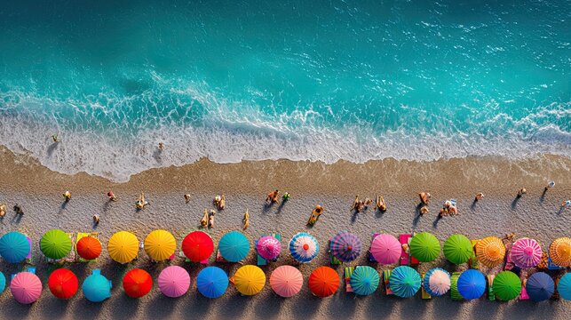 Aerial View Of Multiple Colorful Beach Umbrellas Lined Up On Crowded Summer Beach. AI generated image