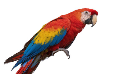 Fototapeta premium Vibrant scarlet macaw parrot perched on a branch, isolated on transparent background