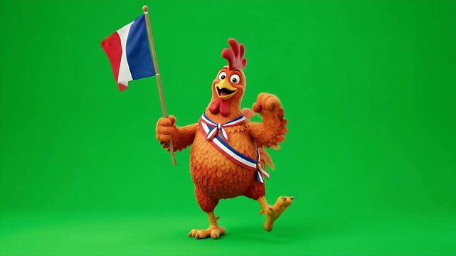 Cheerful Cartoon Chicken Waving a French Flag - A cheerful orange cartoon chicken stands on a green screen background, proudly waving the French flag.