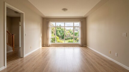 Fototapeta premium Empty living room with large window and garden view