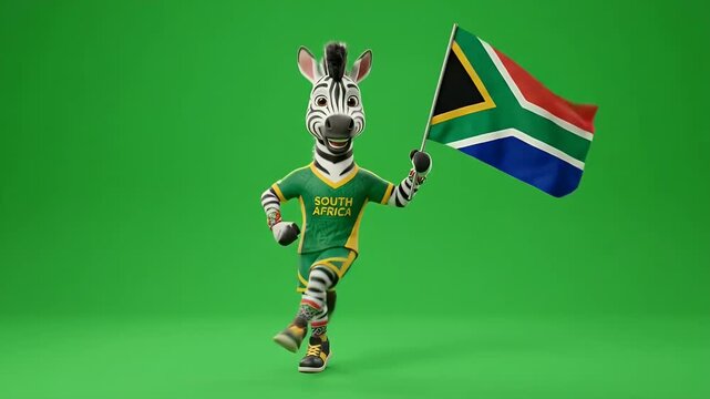 Cheerful Zebra Mascot with South African Flag - A 3D animated zebra character wears a South Africa jersey and waves the South African flag in front of a green screen.