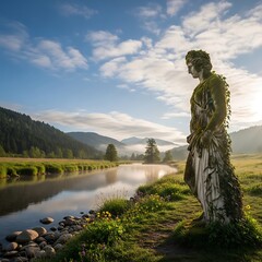 Obraz premium Ancient statue overgrown with moss by a misty river at sunrise, mountains backdrop