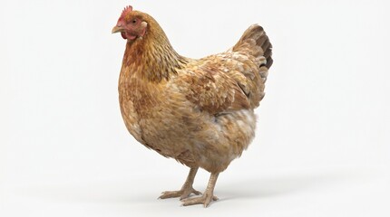 Fototapeta premium Brown chicken standing on white background with feathers and red comb